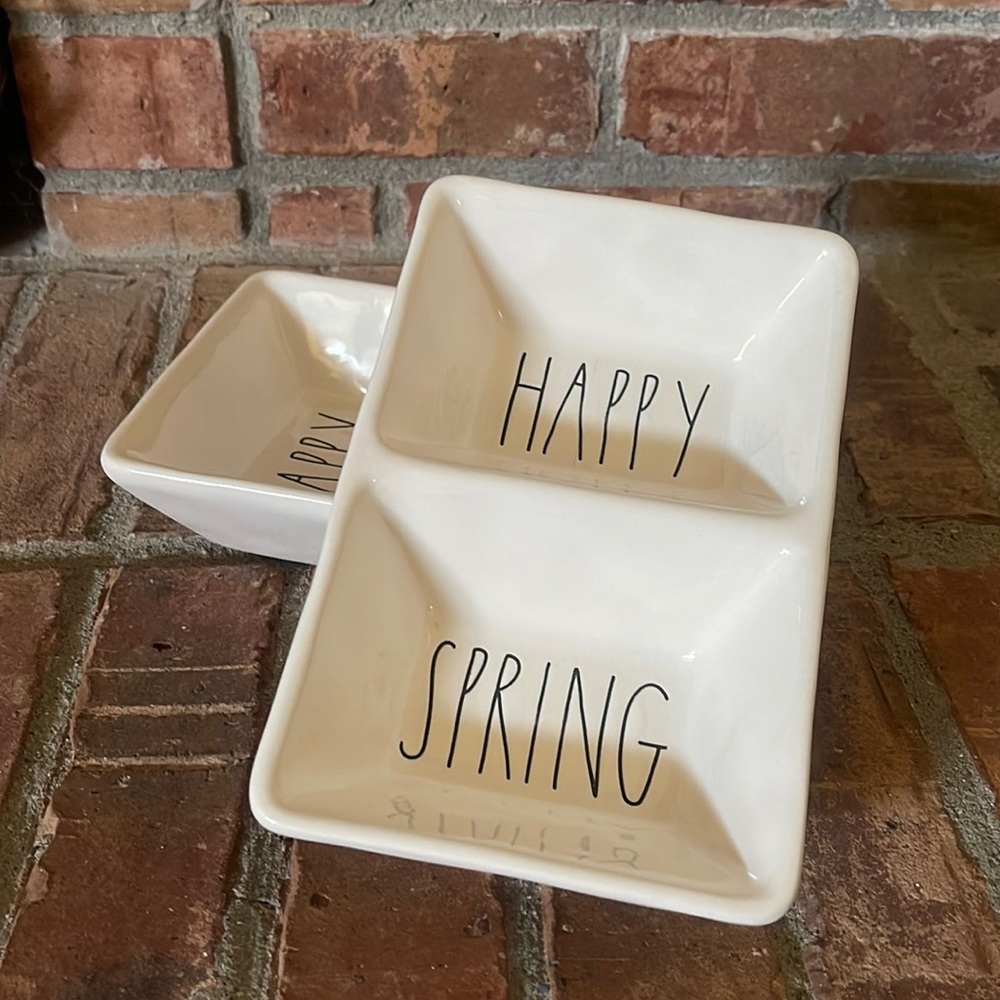 Rae Dunn HAPPY SPRING Ceramic Divided Serving Dish Trinket Tray x 2